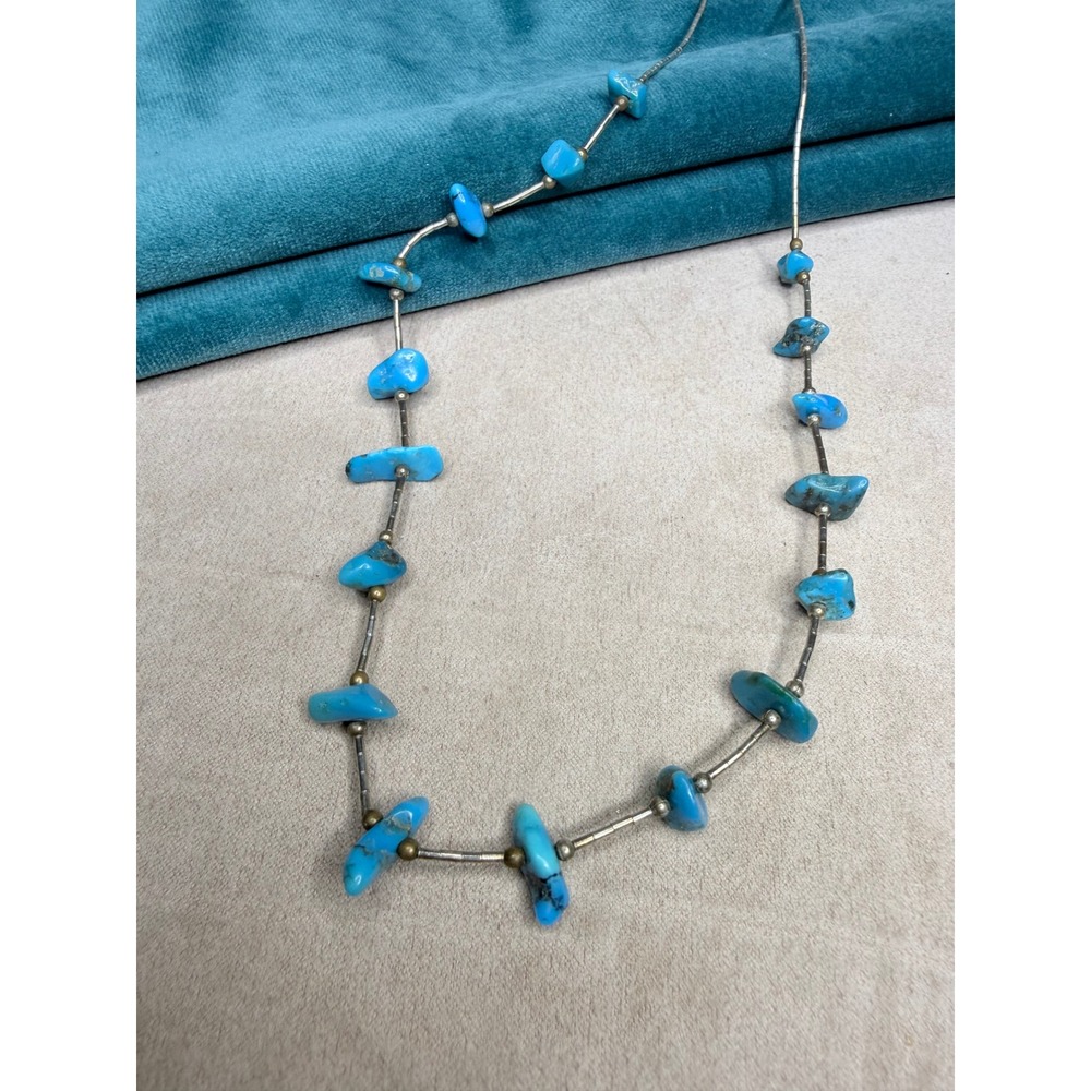 Vintage Liquid Silver Liquid Metal Turquoise Nugget Bead Necklace 12-13" - Picture 1 of 3